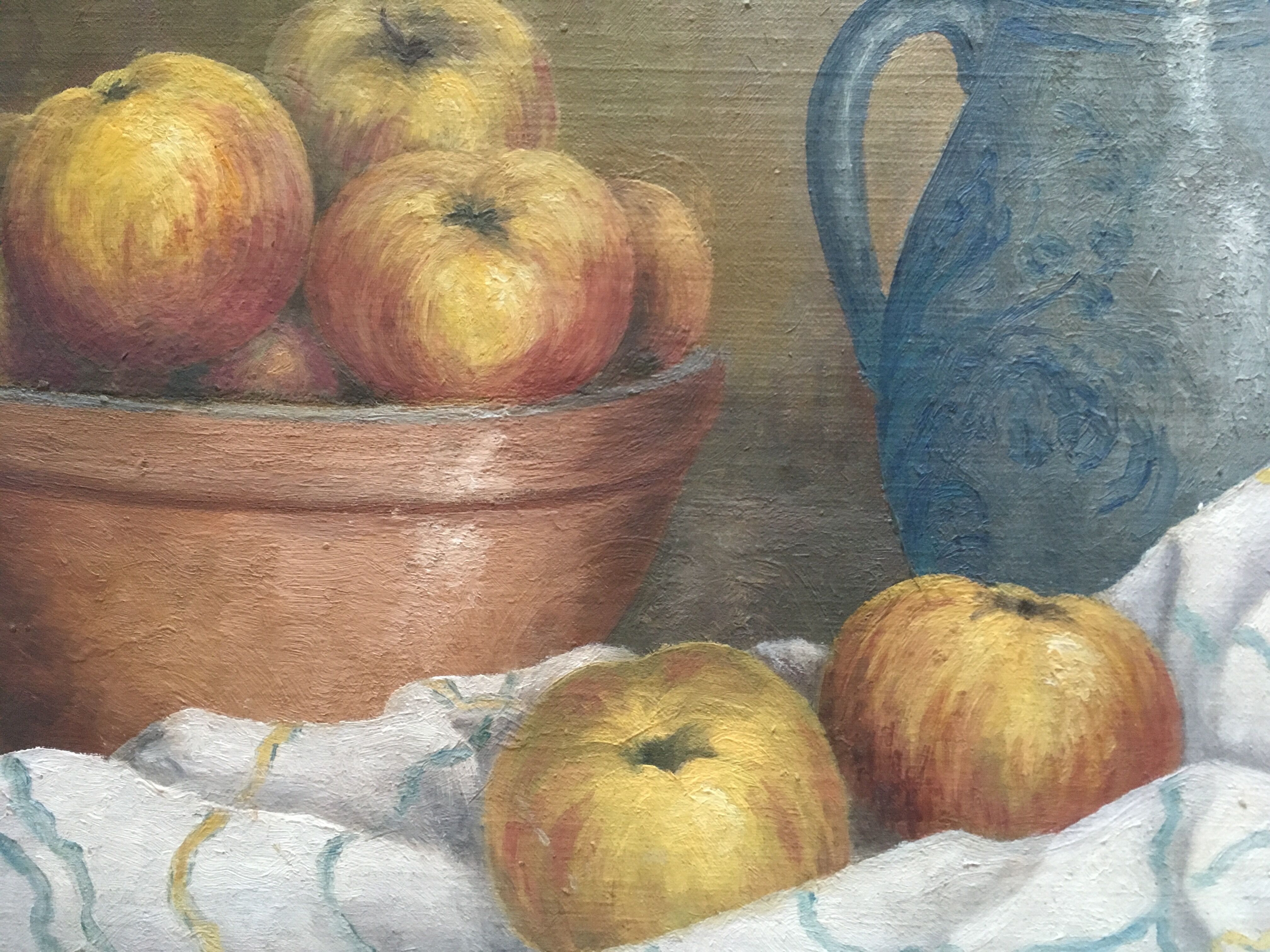 Oil on canvas still life Apple Jatte on kitchen table