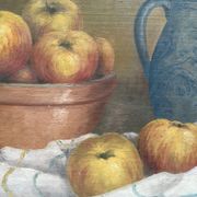 Oil on canvas still life Apple Jatte on kitchen table