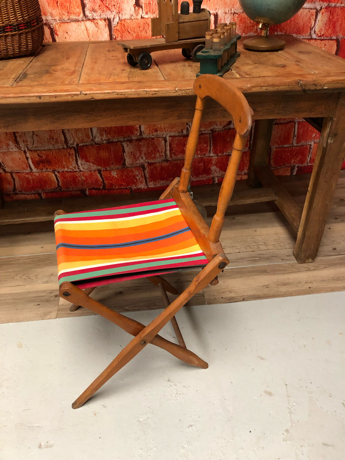 Old vintage camping chair wood and canvas