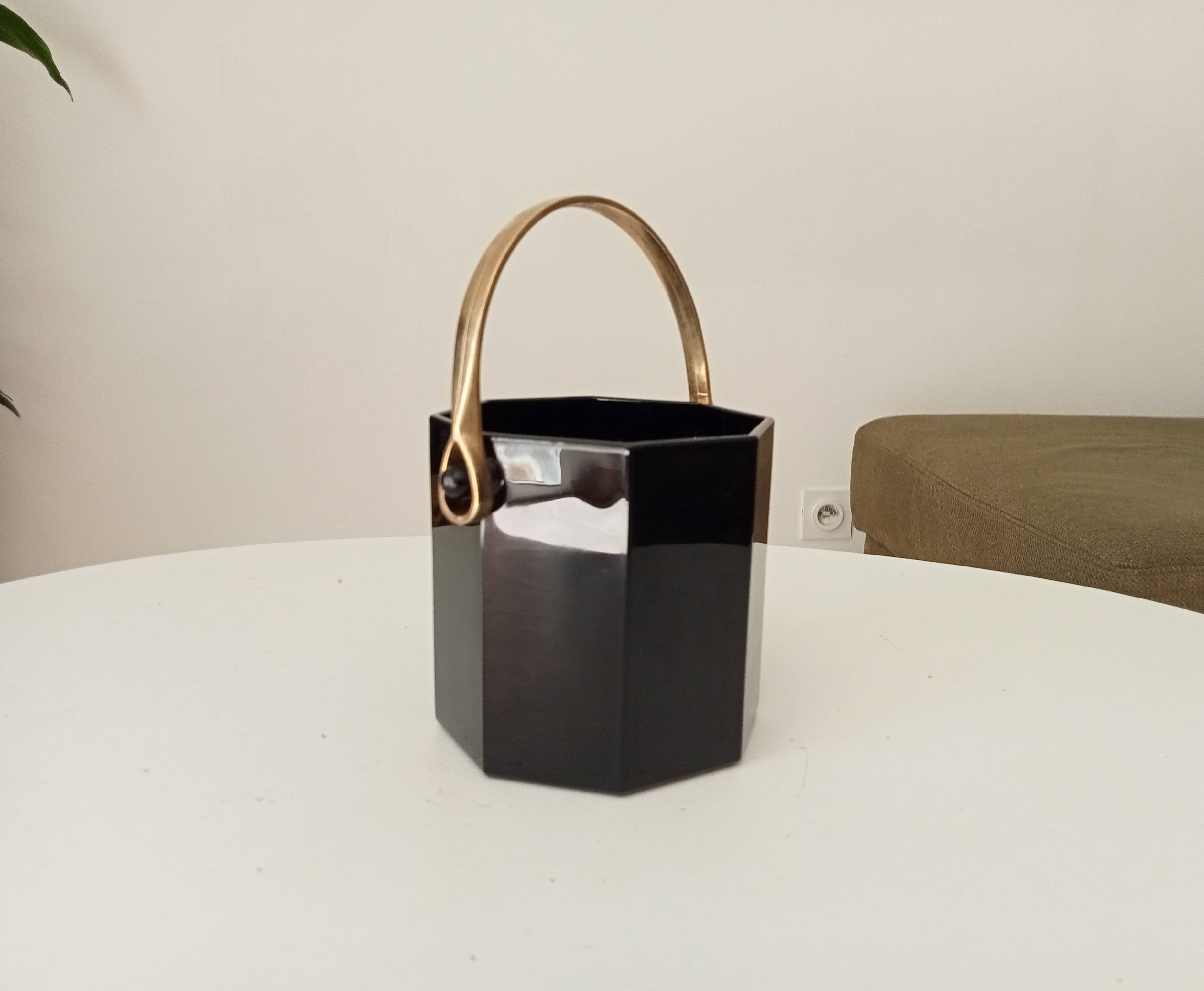 Art Deco ice bucket in black opaline and gilded brass