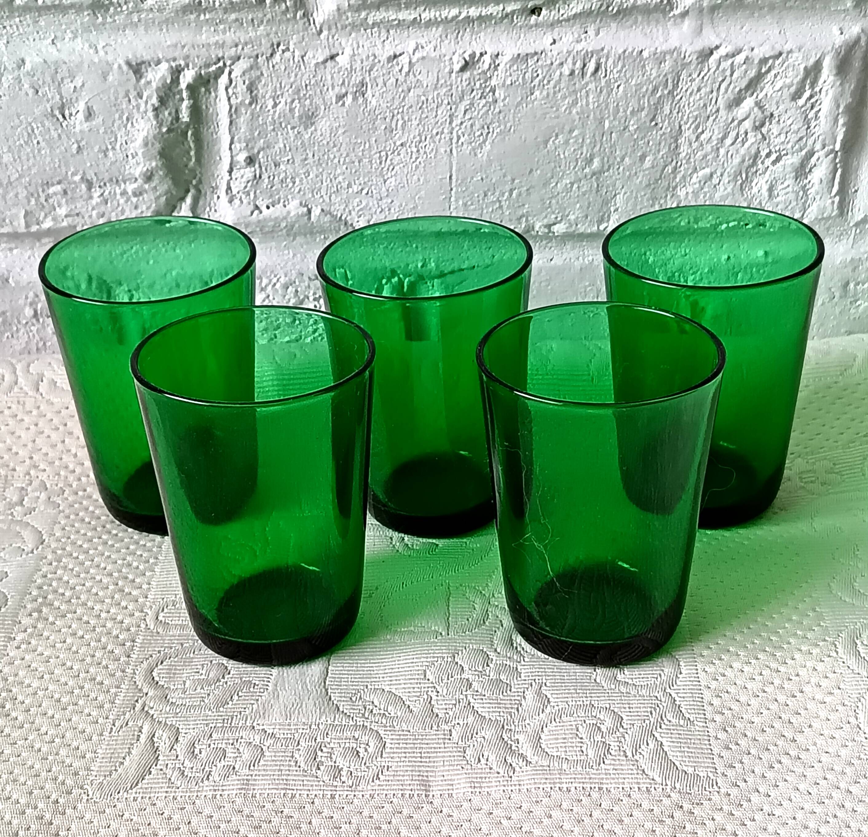 5 glasses 15 cl Retro emerald green tempered glass France