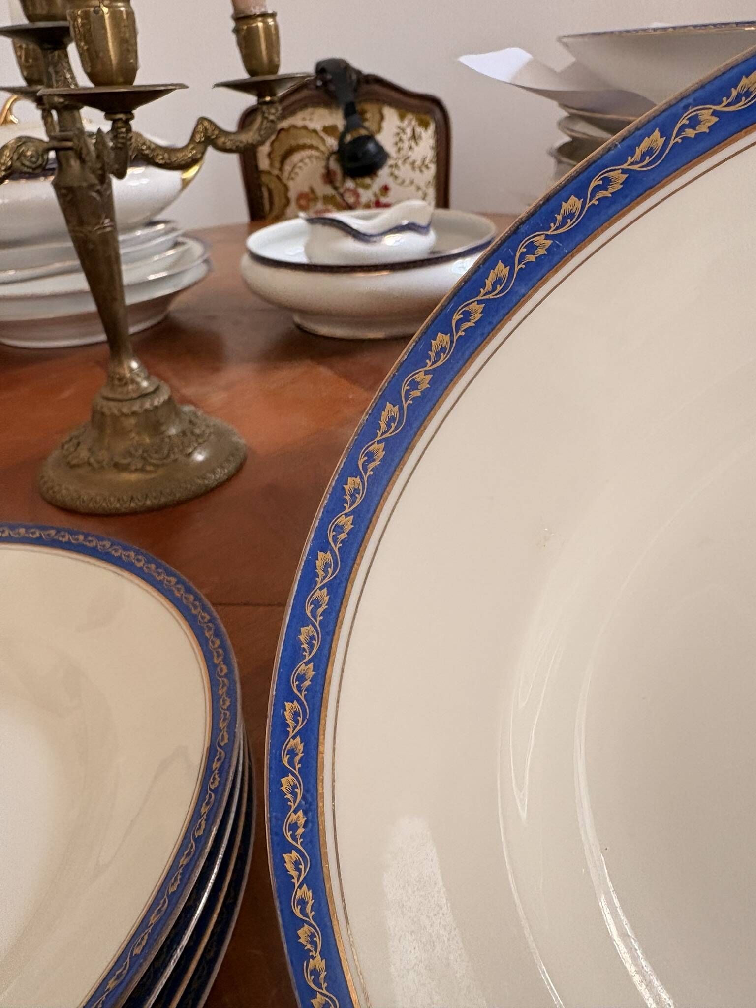 Lot 6 Deep Plates Limoges Porcelain Blue Gold Betoule & Legrand France