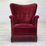 1970s, Danish armchair, cherry-red furniture velour, oak wood legs.