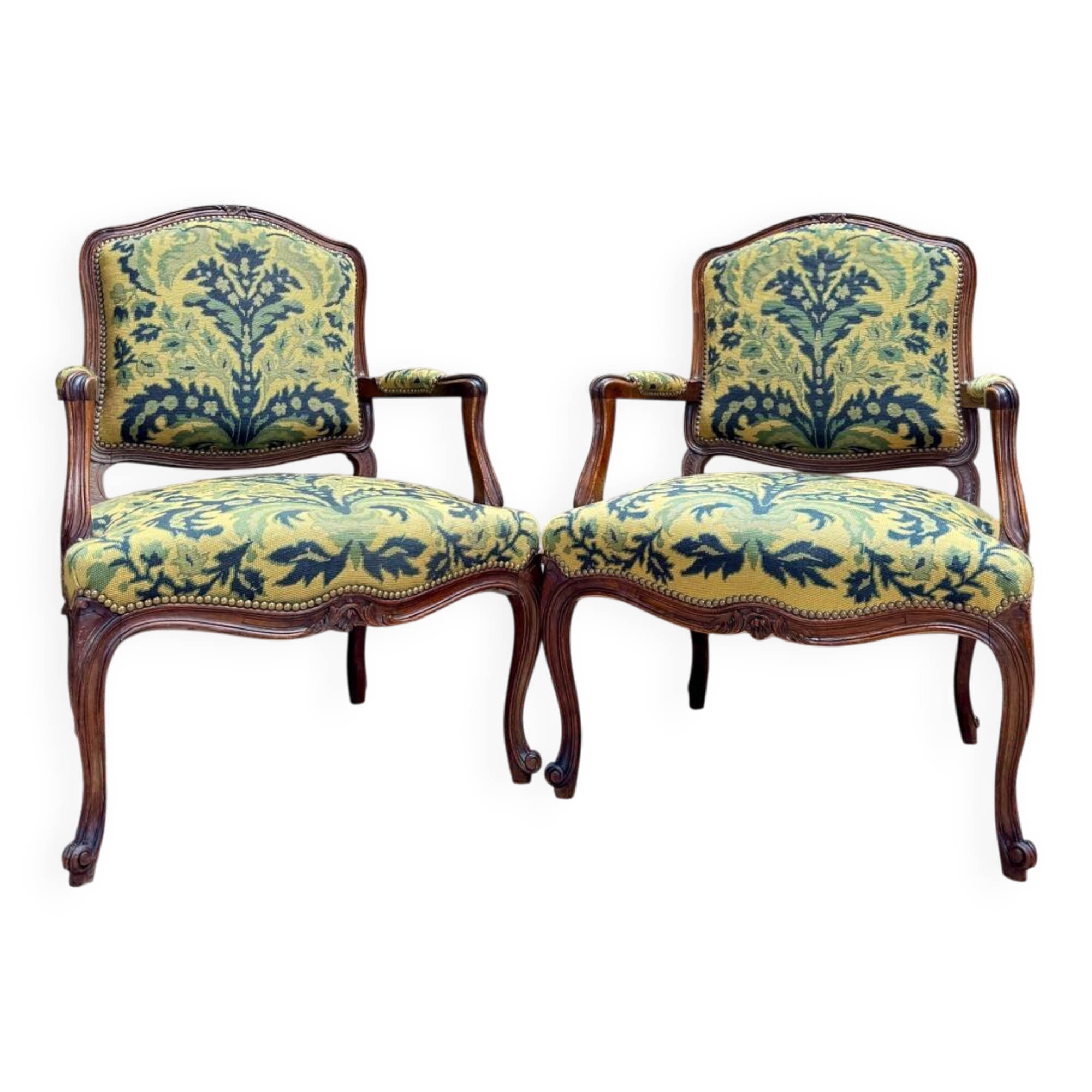 Pair of Louis XV Style Walnut Armchairs, 19th Century
