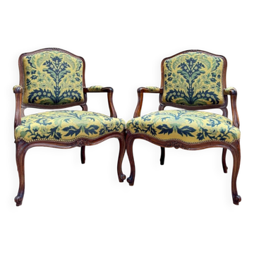Pair of Louis XV Style Walnut Armchairs, 19th Century