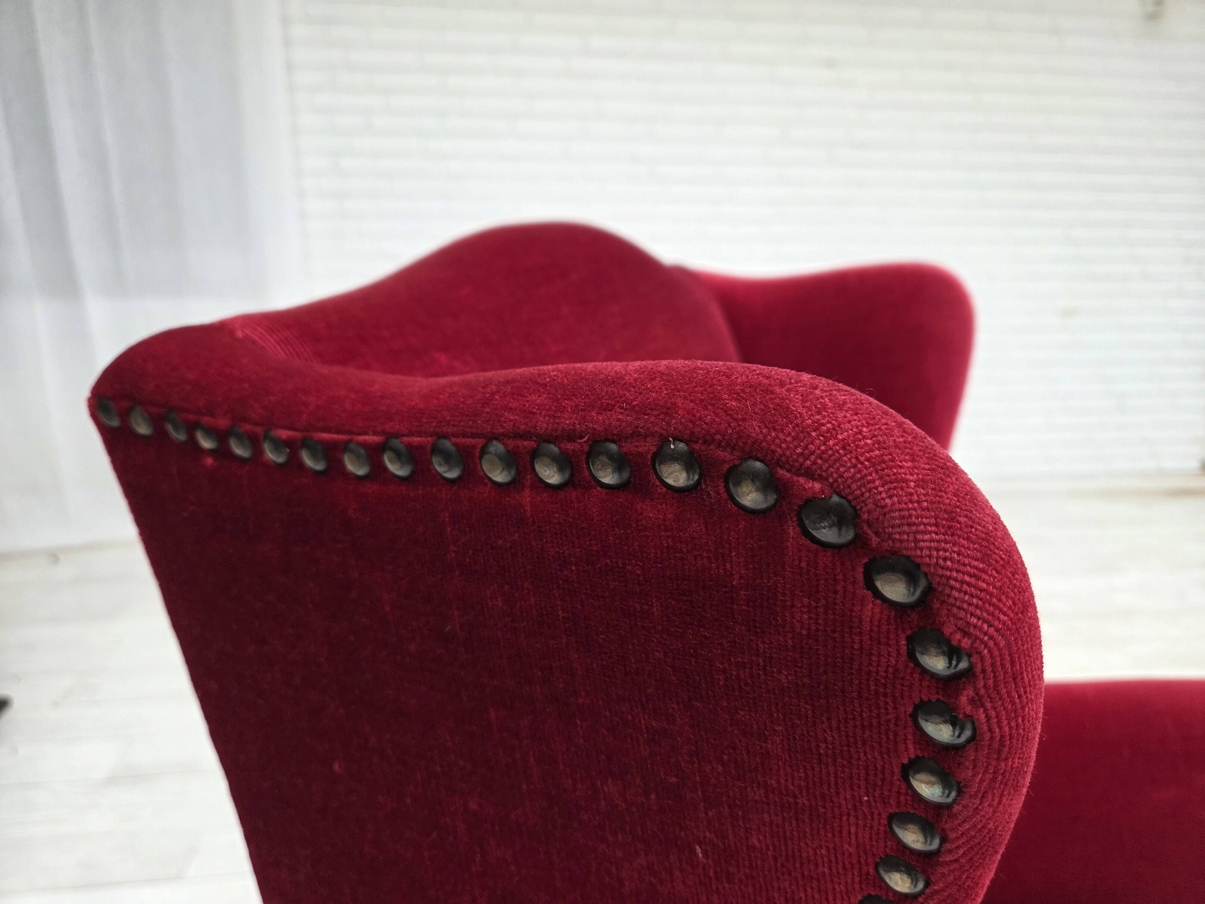 1970s, Danish highback armchair, red furniture velour, ash wood.