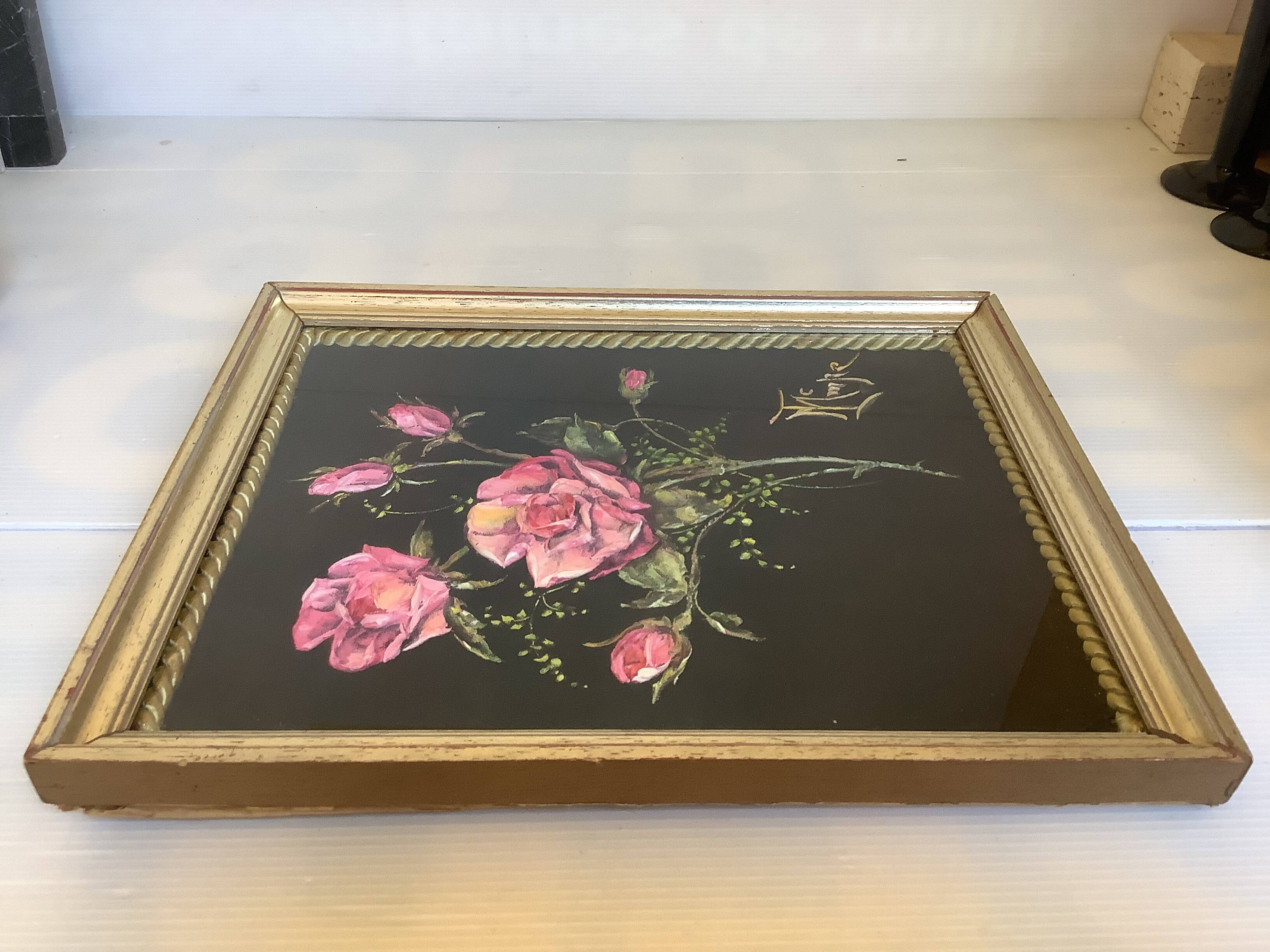 Tableau bouquet de fleurs peint sur velours signée