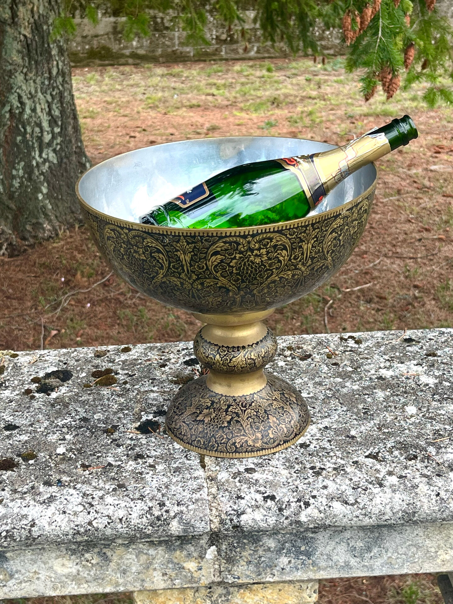 Ornate Floral Pedestal Champagne Cooler, brass ice bucket