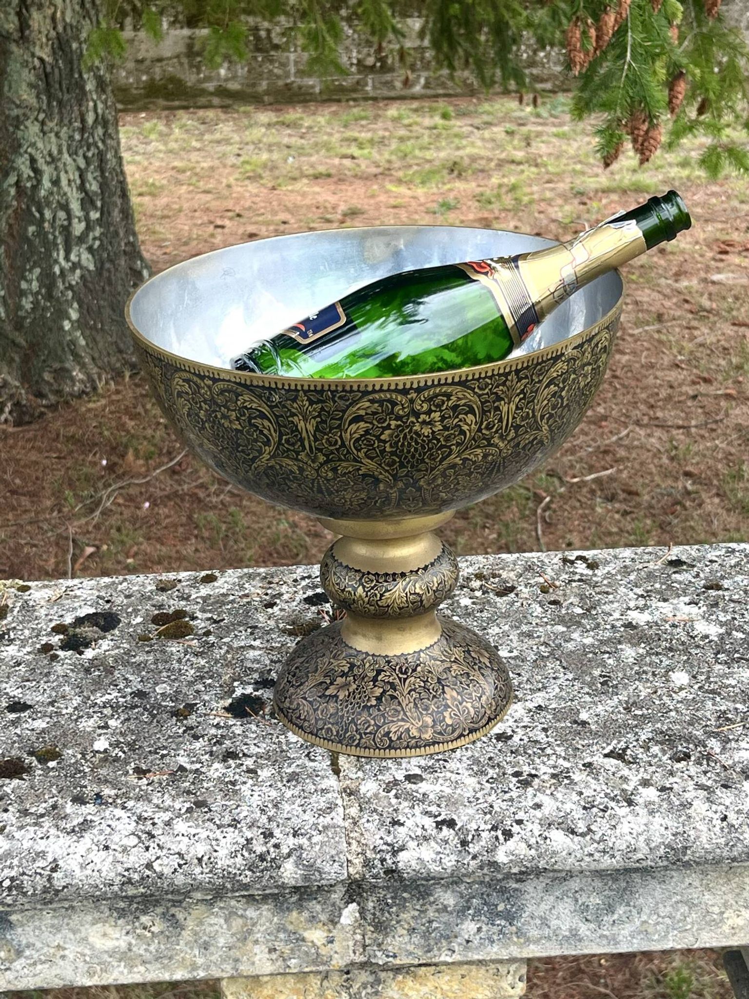 Ornate Floral Pedestal Champagne Cooler, brass ice bucket