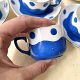 Set of 6 Sarreguemines Digoin earthenware coffee cups with art deco polka dots, 1930s