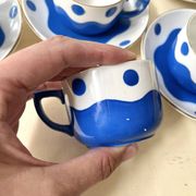 Set of 6 Sarreguemines Digoin earthenware coffee cups with art deco polka dots, 1930s