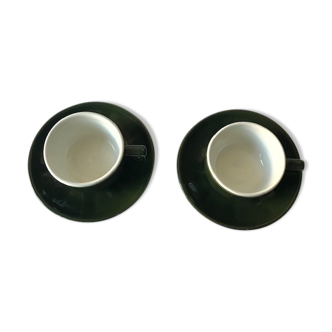 pair of green porcelain bistro cups in perfect vintage condition