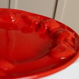 Red glazed ceramic fruit platter with three-dimensional fruit relief, vintage Italy 1980s, Mid-Century design