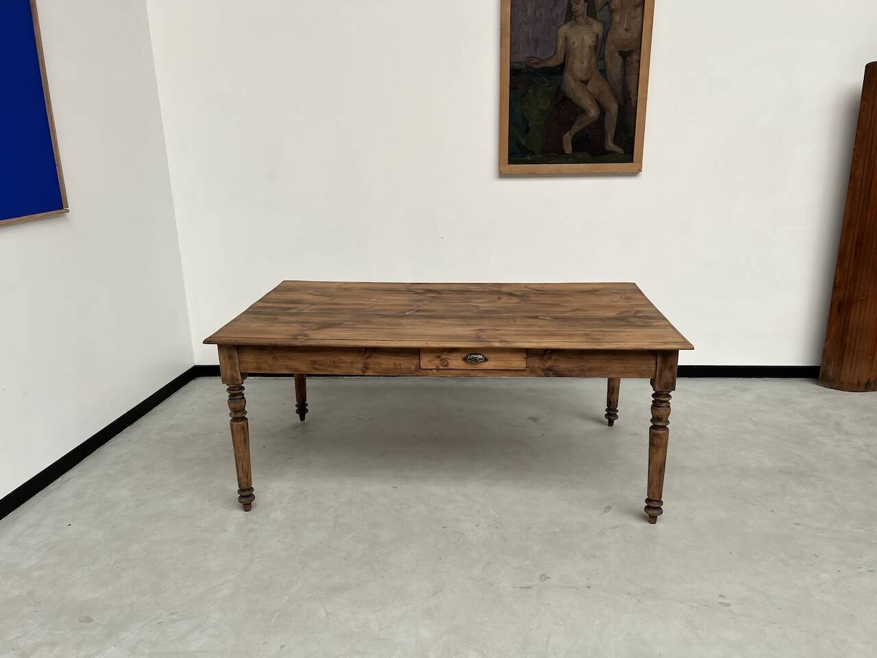 Antique farm table from the 1950s, with 3 drawers and turned legs