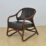 Ensemble de fauteuils en bambou avec sièges en cuir années 1970