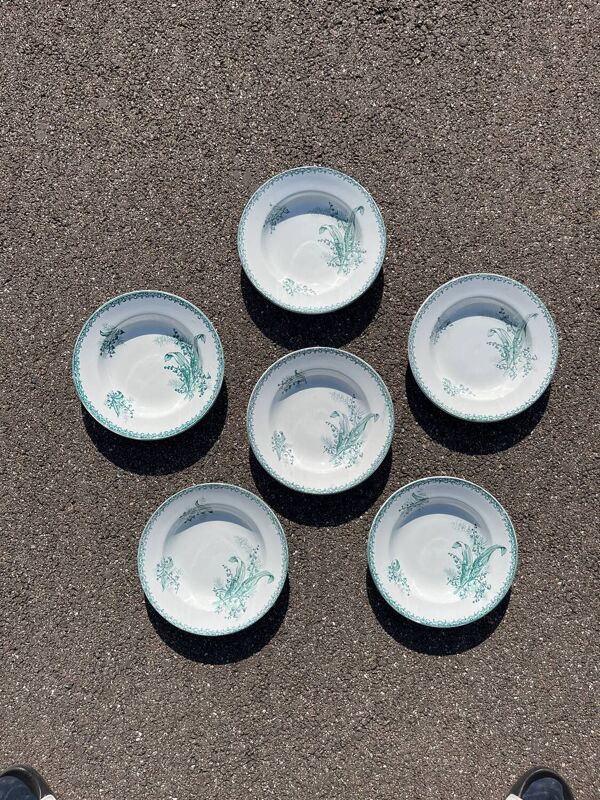 Lot de 6 assiettes anciennes faïence sainte amandinoise décor muguet