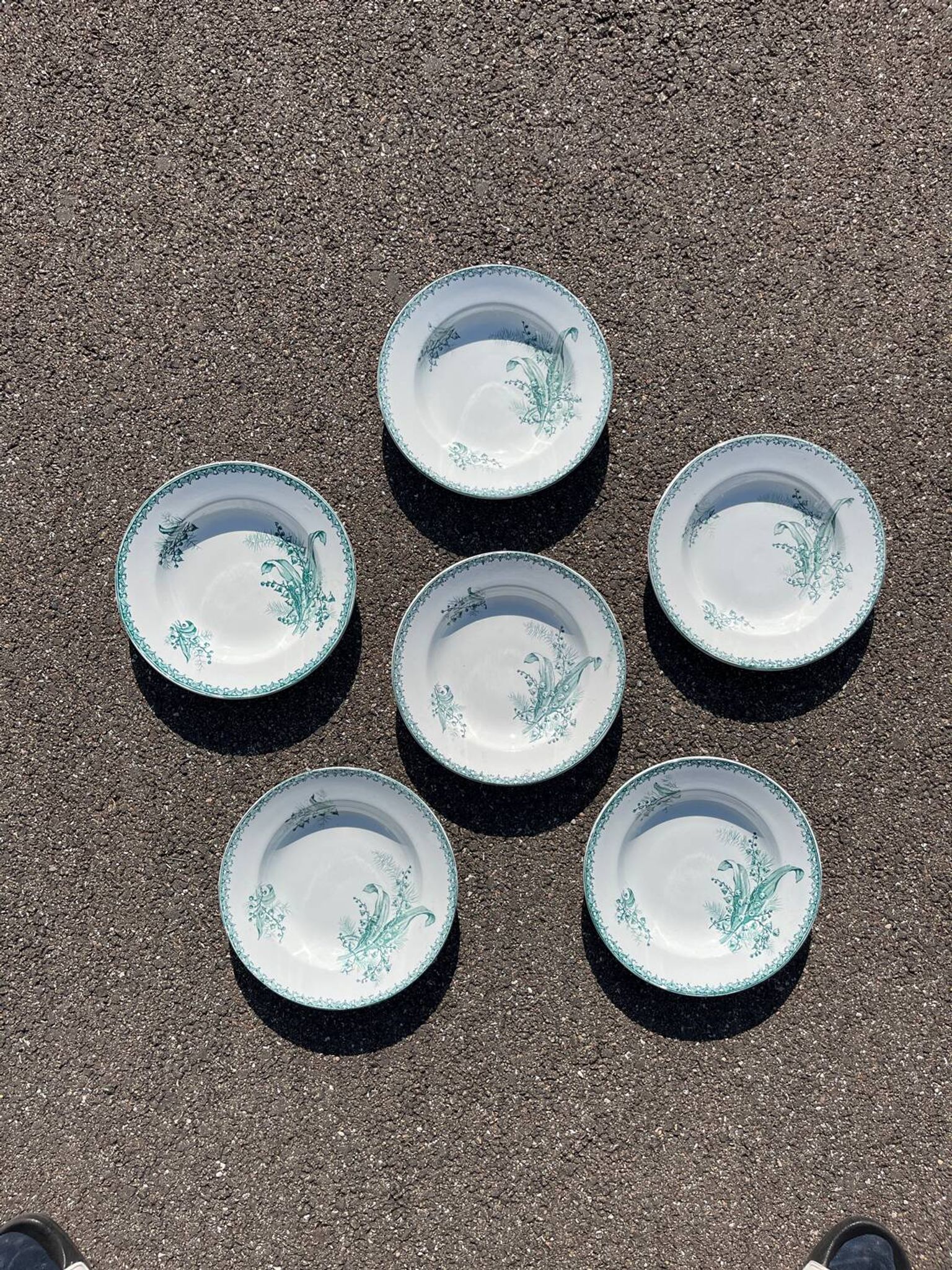 Set of 6 old Sainte Amandinoise earthenware plates with lily of the valley decor