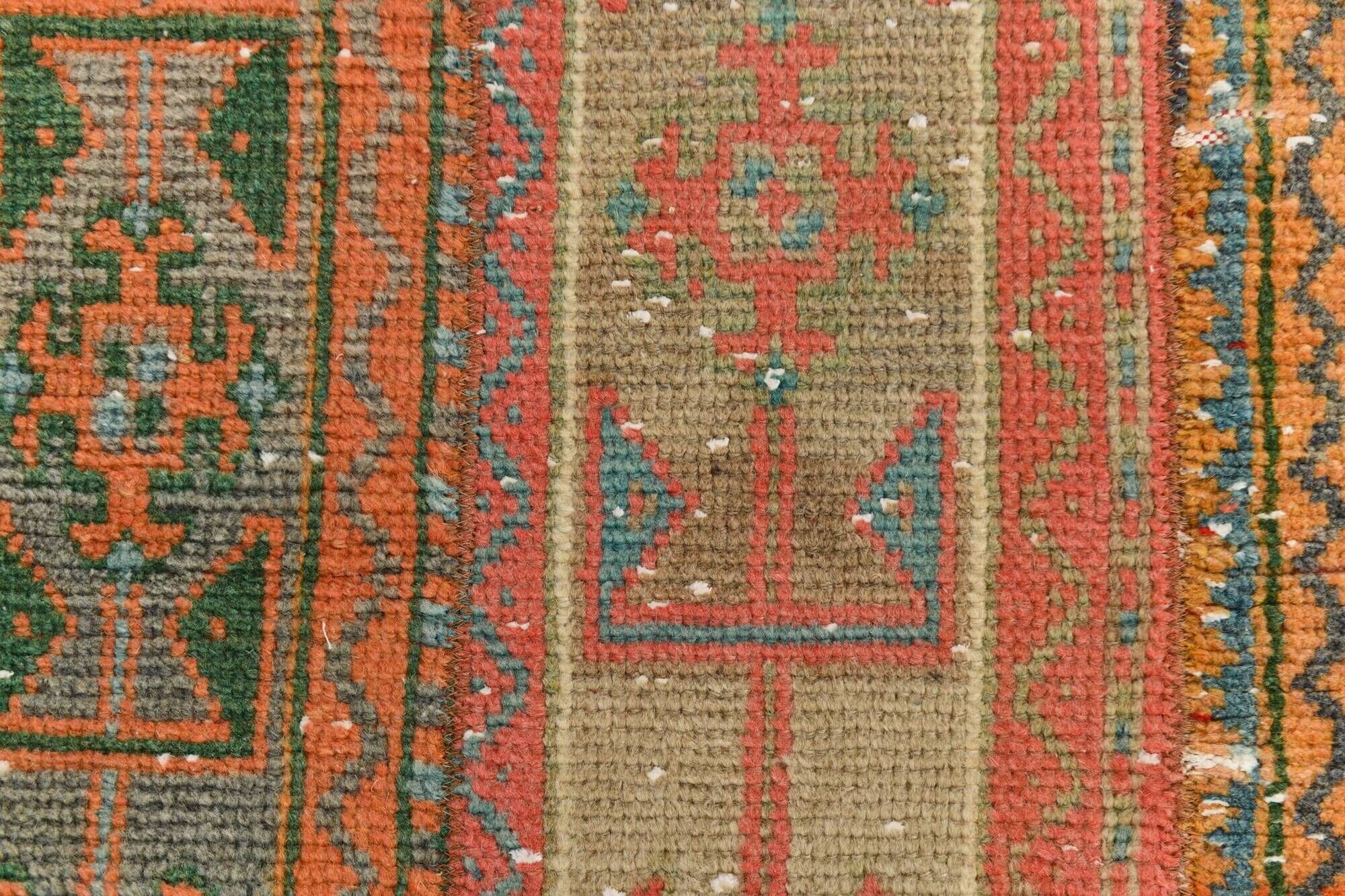 2x9 Vintage Coral Orange & Green Turkish Runner Rug, 70x275Cm