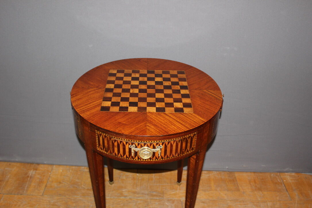 Louis xvi style hot water bottle table in marquetry around 1900