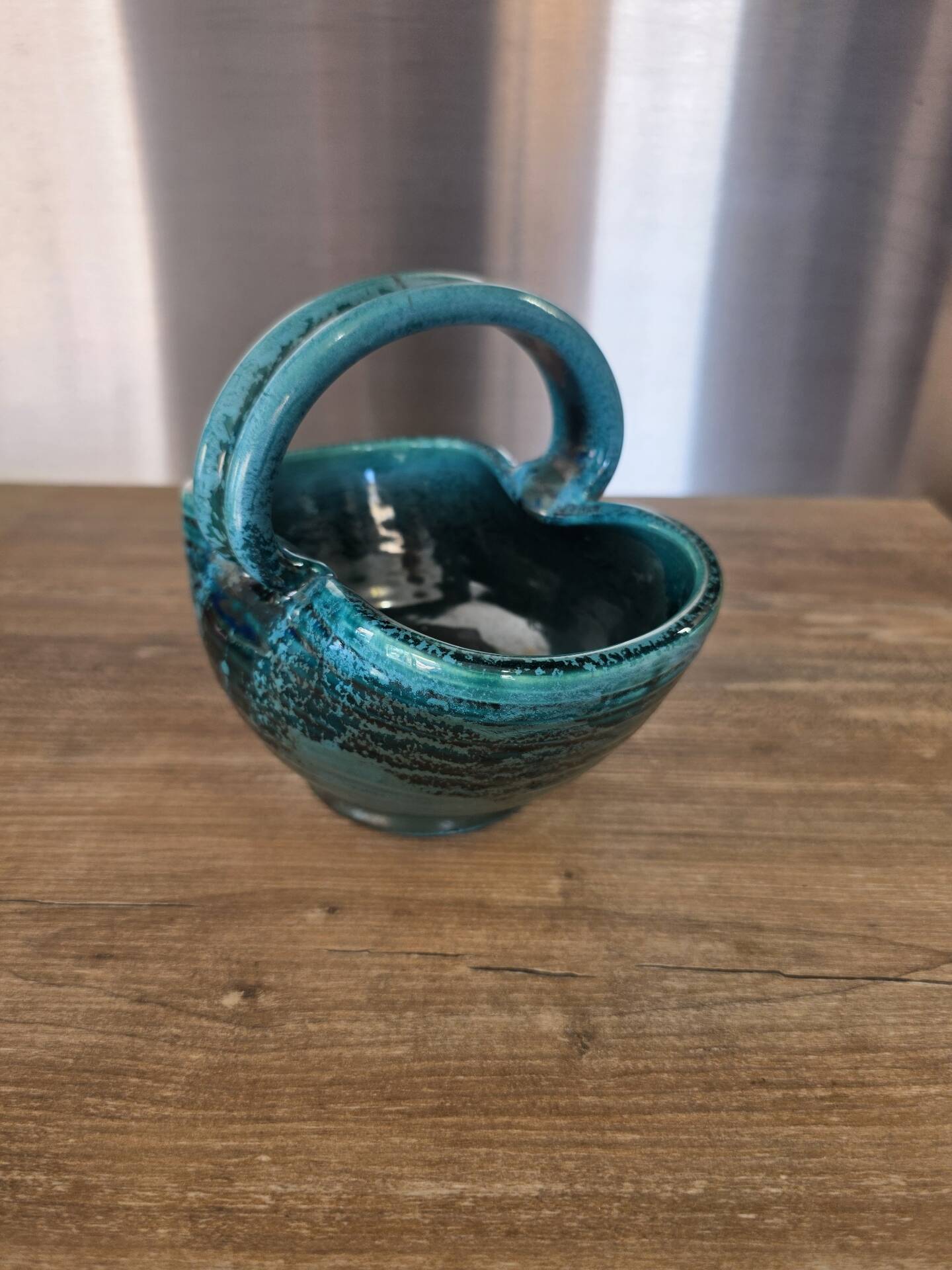 Vintage ceramic basket Accolay turquoise Signed Bull's Head X.C
