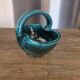Vintage ceramic basket Accolay turquoise Signed Bull's Head X.C