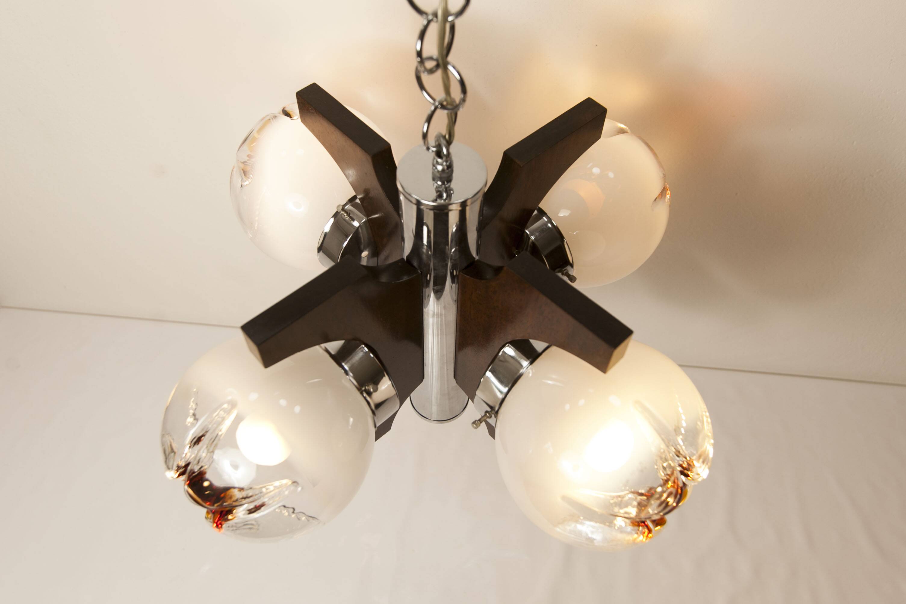 Mazzega Murano chandelier with 4 balls and teak, 1960