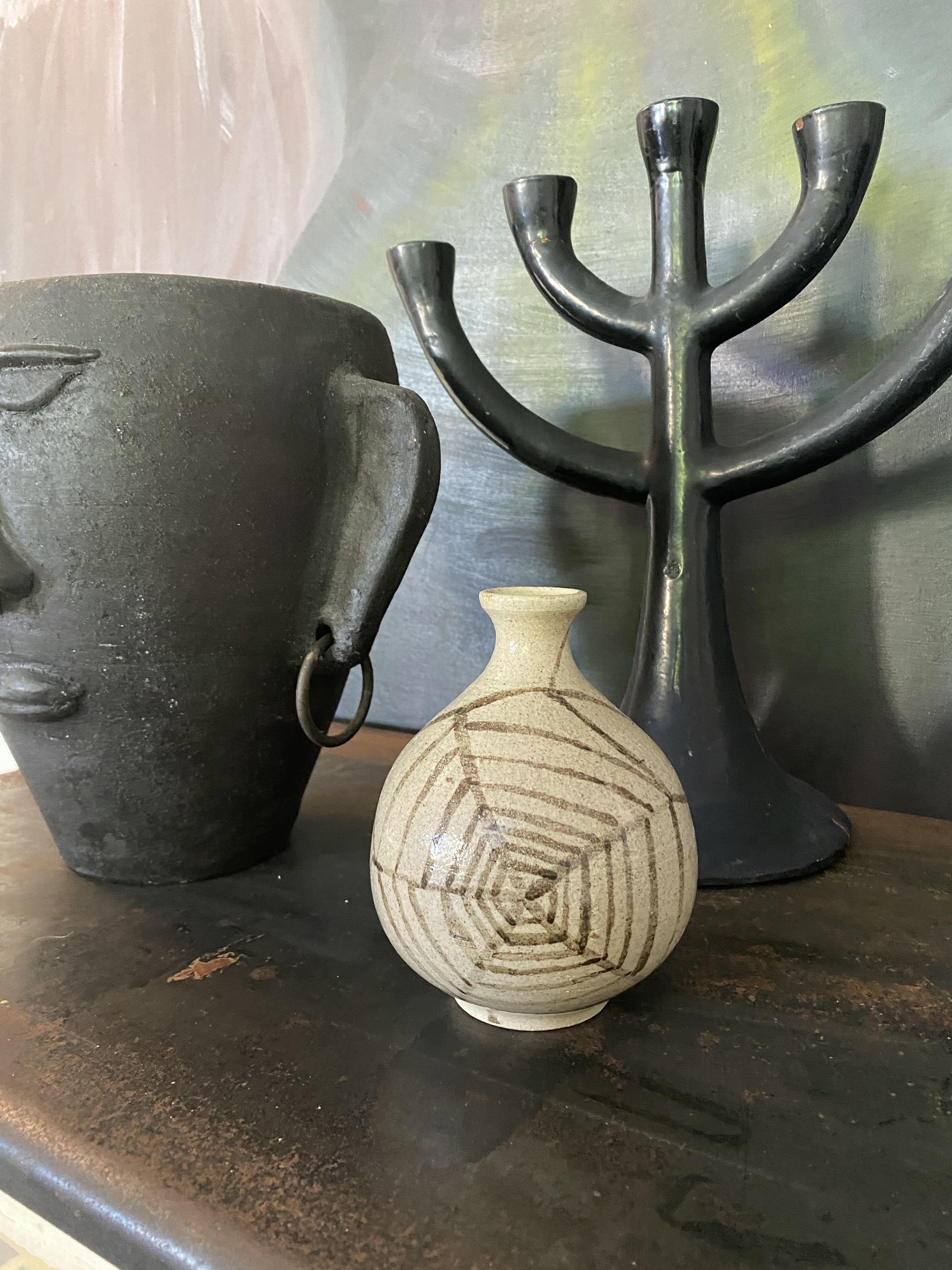 Vase ball ceramic vintage spider pattern signed mid century