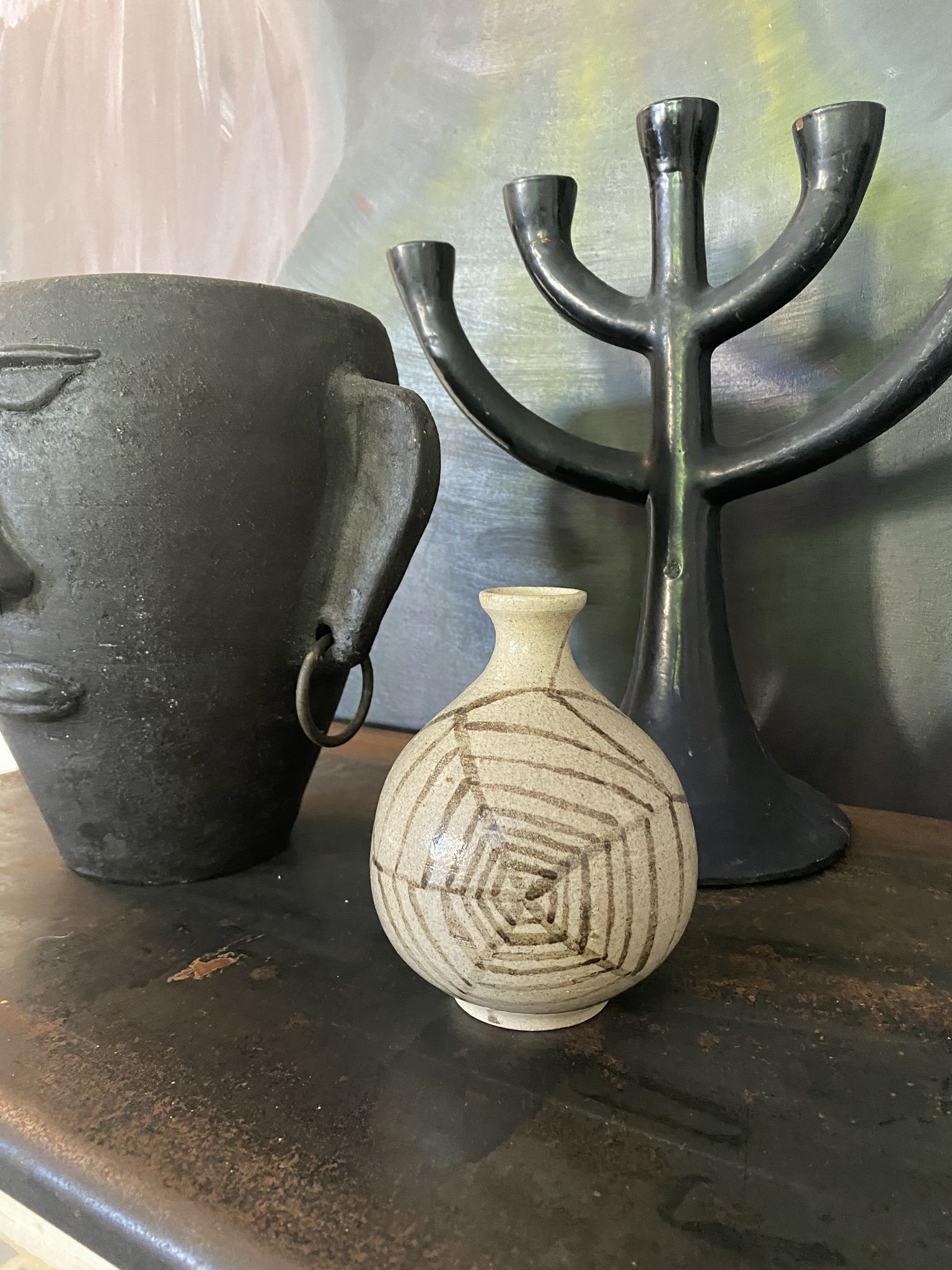 Vase ball ceramic vintage spider pattern signed mid century