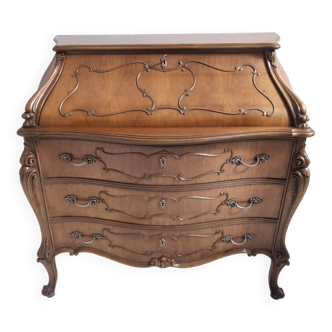 Vintage Baroque Solid Walnut Dresser with Inlaid Designs, Italy