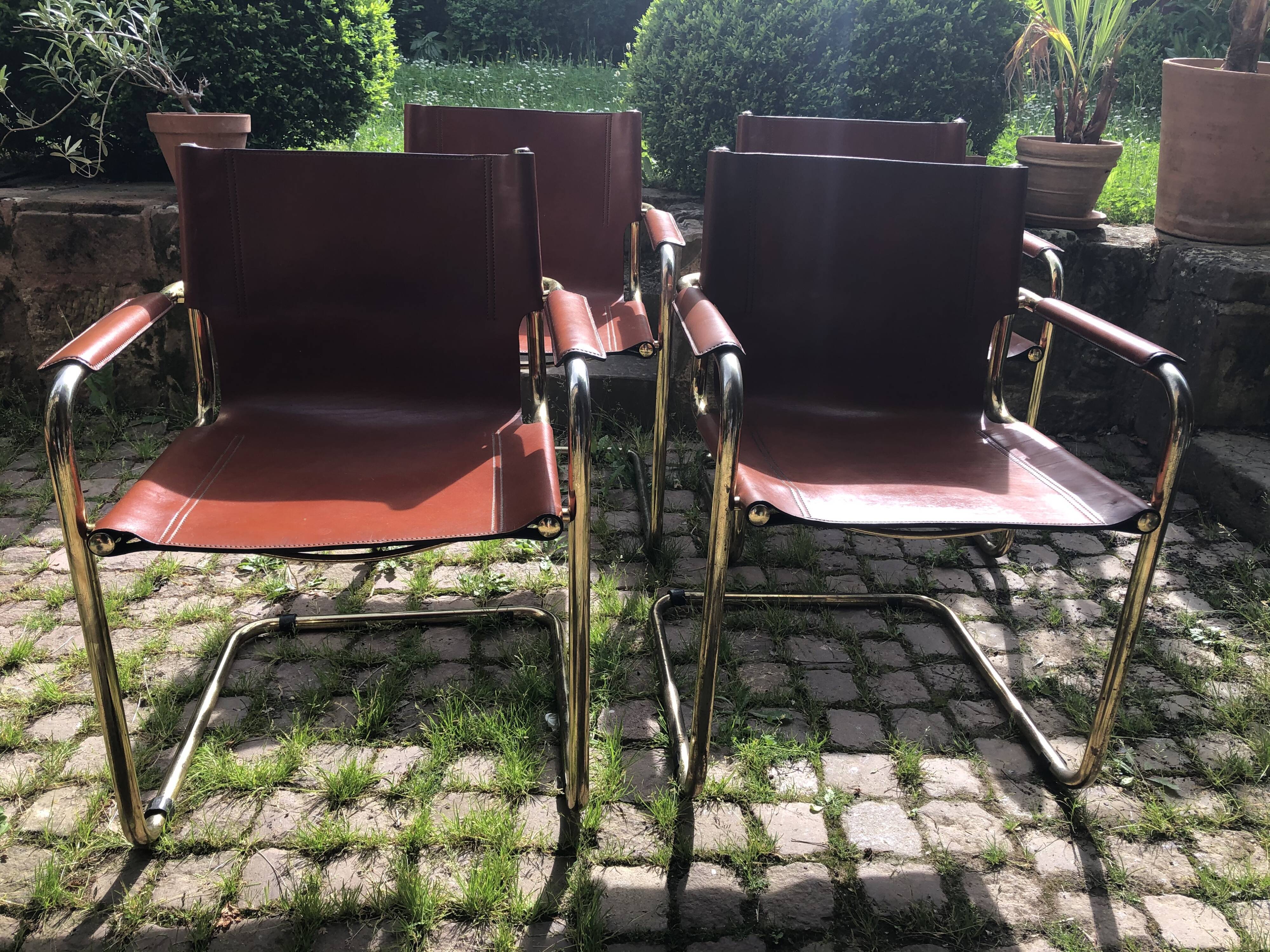 Pair of Cantilever armchairs tawny leather circa 1970