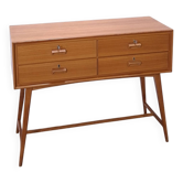 Vintage teak Danish chest of drawers with high slanted legs, side table, sideboard.