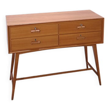 Vintage teak Danish chest of drawers with high slanted legs, side table, sideboard.