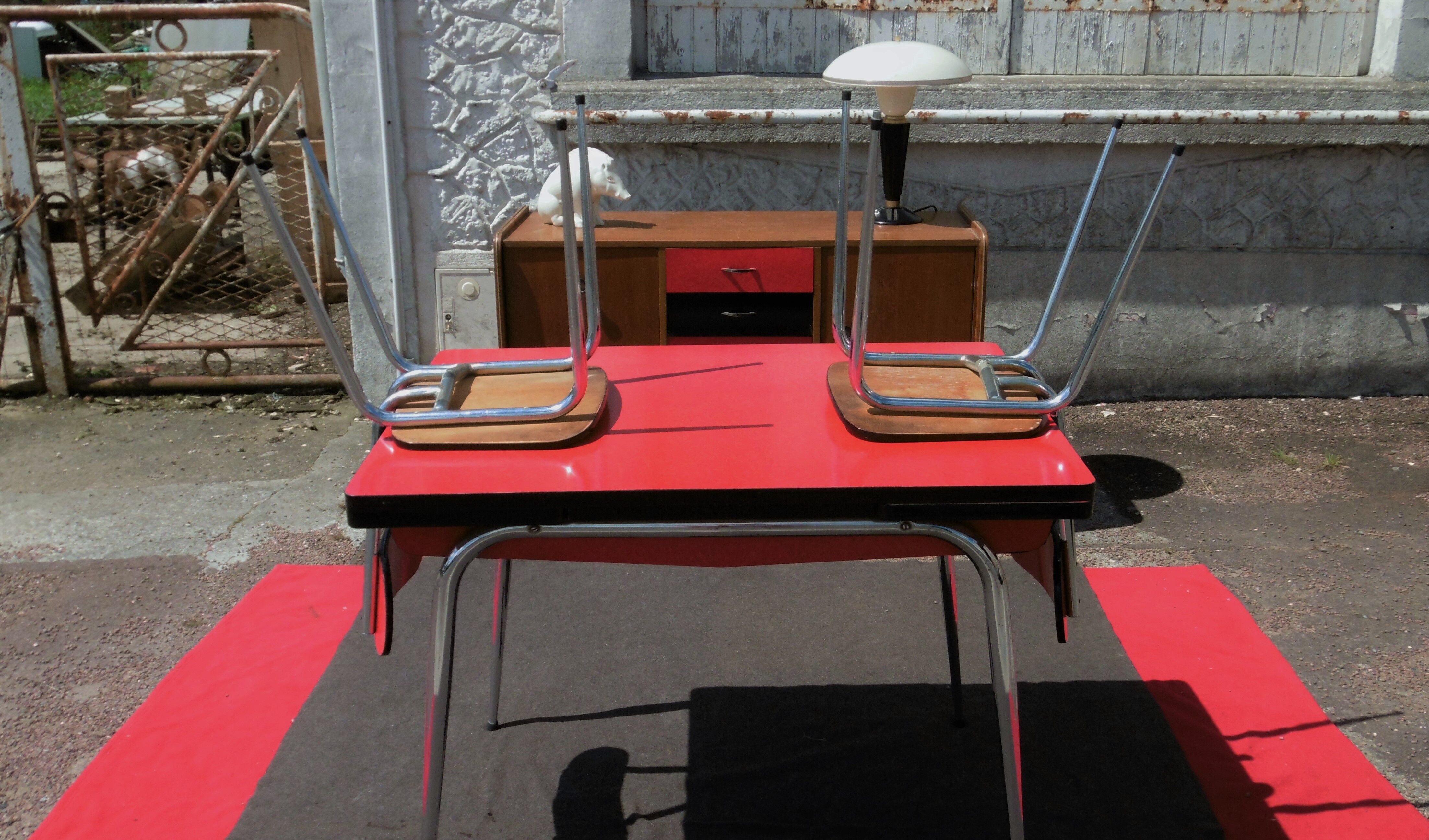 Red formica table and two chairs