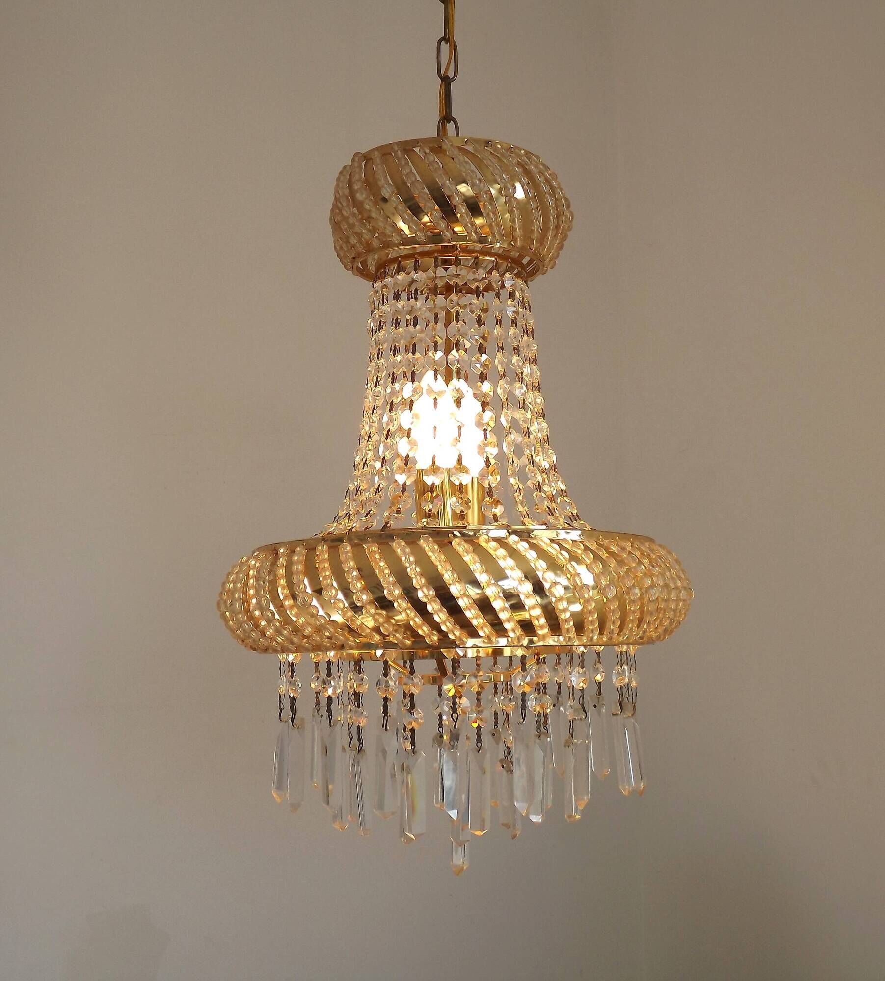 Vintage Gold Metal 5-Light Chandelier – Crystal Beads & Glass Prisms