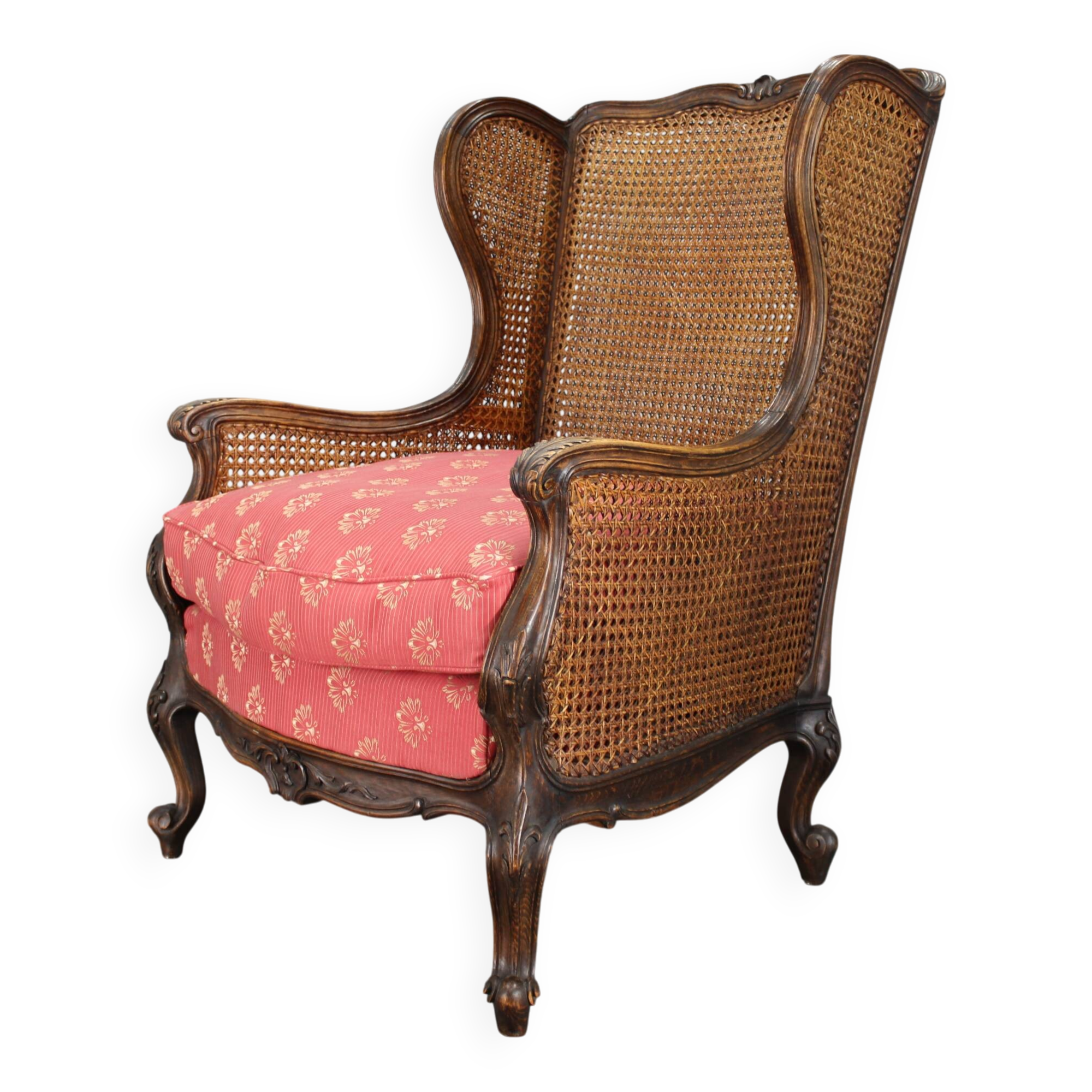 Antique Carved Wing Chair with Cane Sides , Czechoslovakia