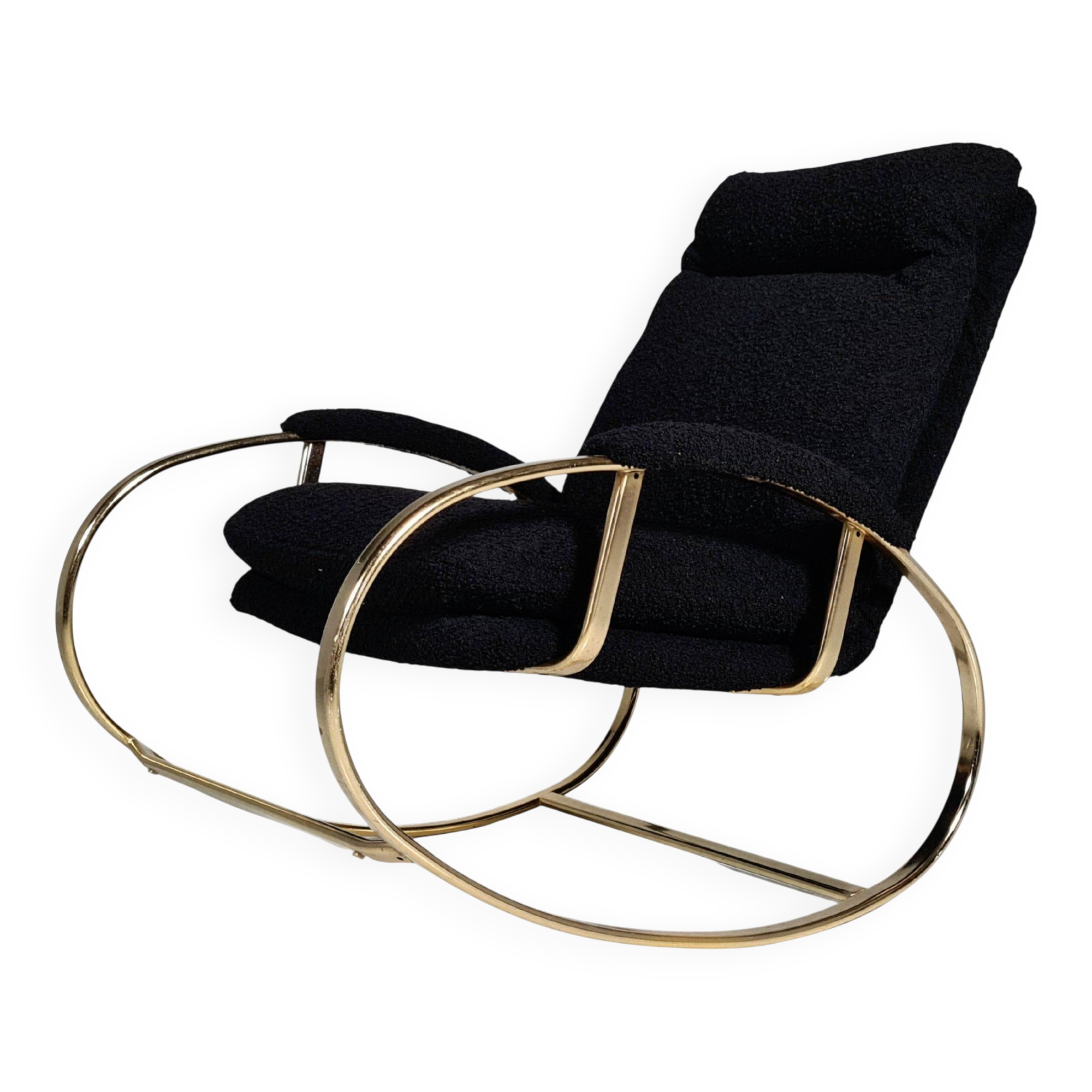 Modern mid-century rocking chair in brass by Guido Faleschini Black Boucle