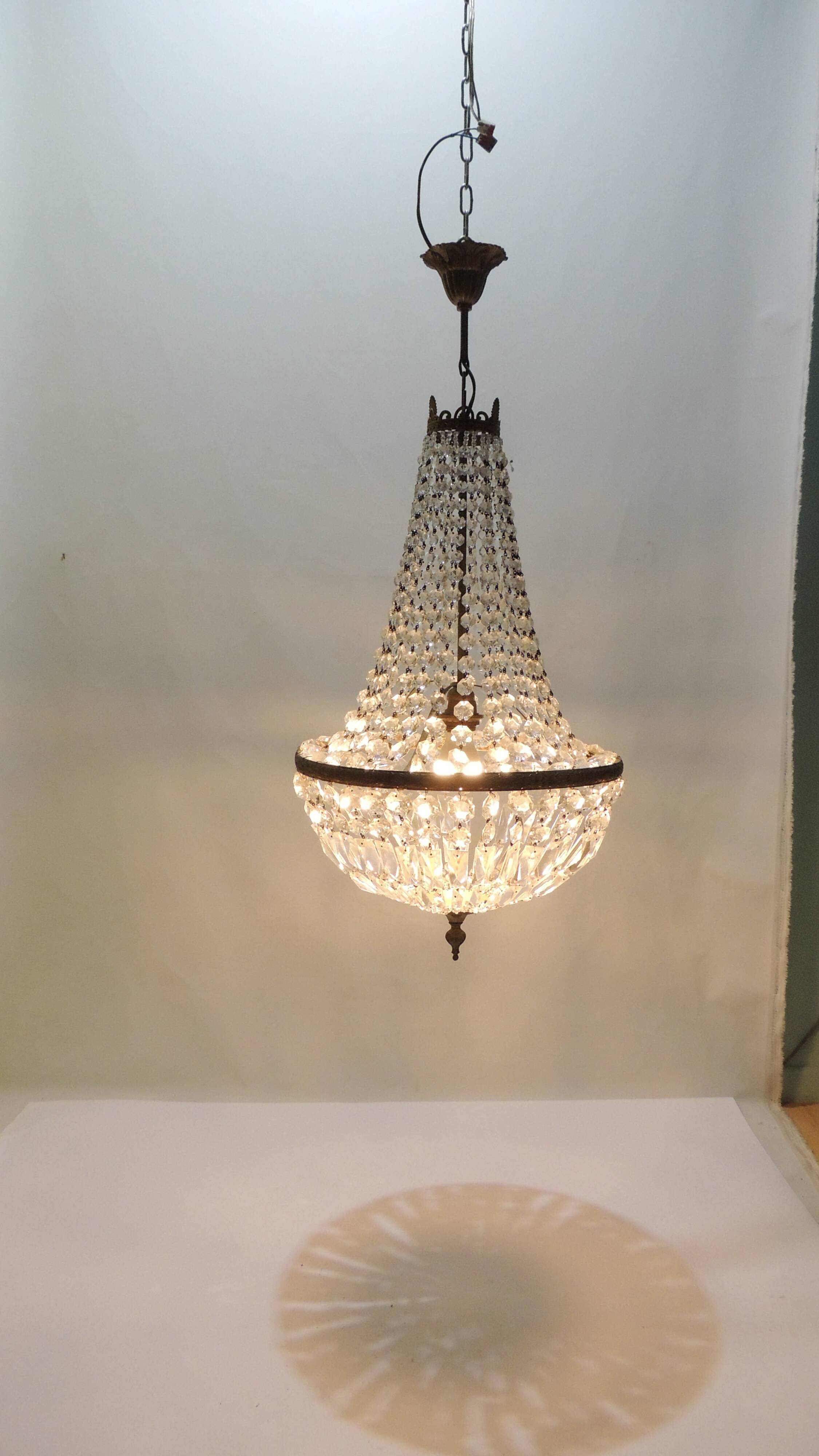 Antique crystal pendant chandelier – vintage Empire style – bronze