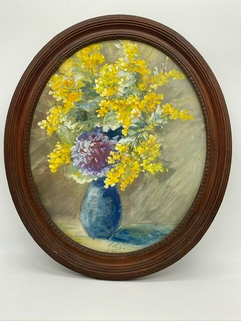 Old painting, still life with mimosas, signed, 60s/80s