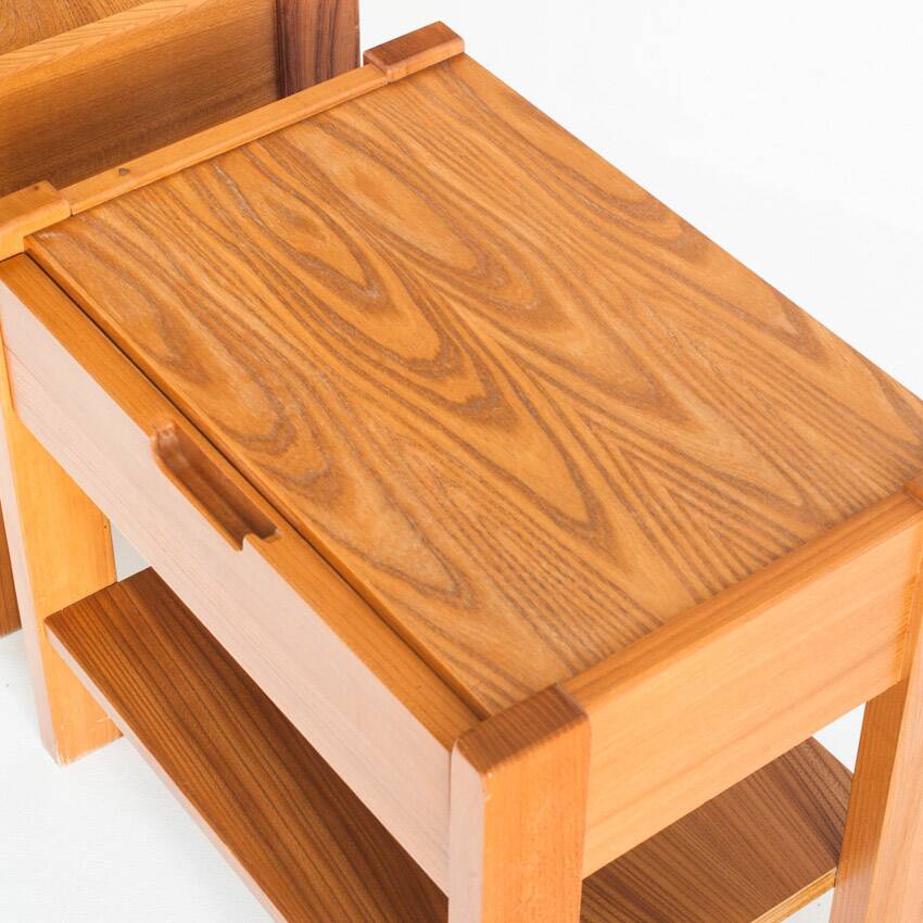 Pair of vintage bedside tables. Elm wood. France, 1970s