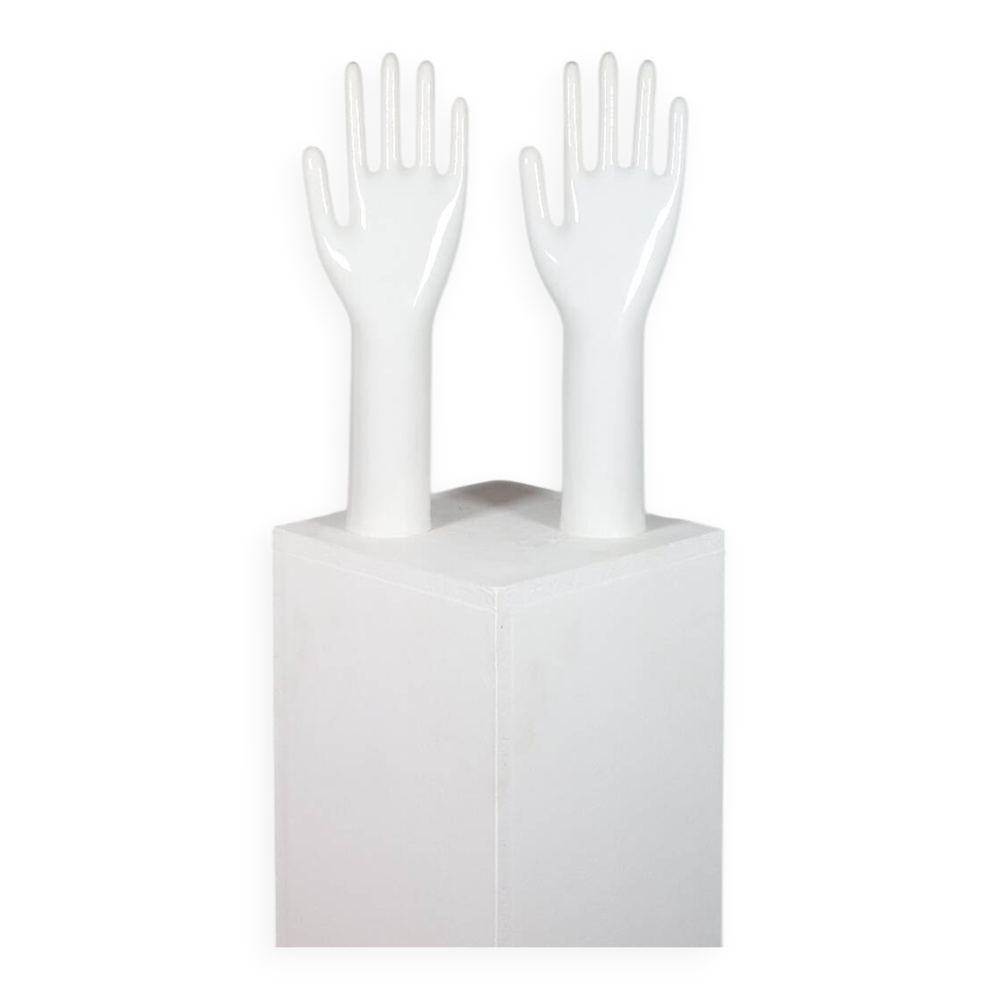 Pair of authentic vintage jewellery displays in industrial porcelain representing hands.