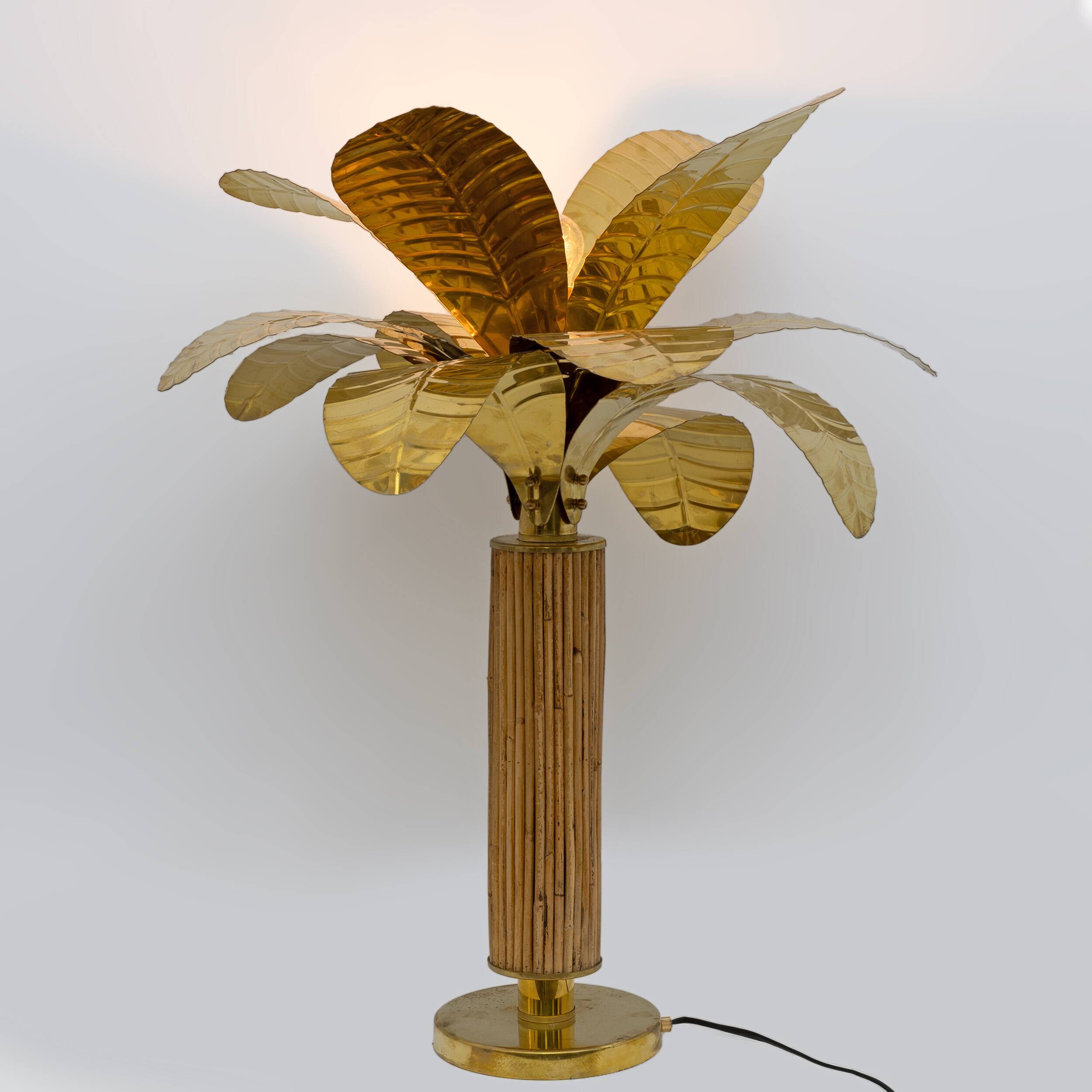 Pair of Mid-century Modern Italian Brass and Rattan Palm Tree Lamps, 1970s