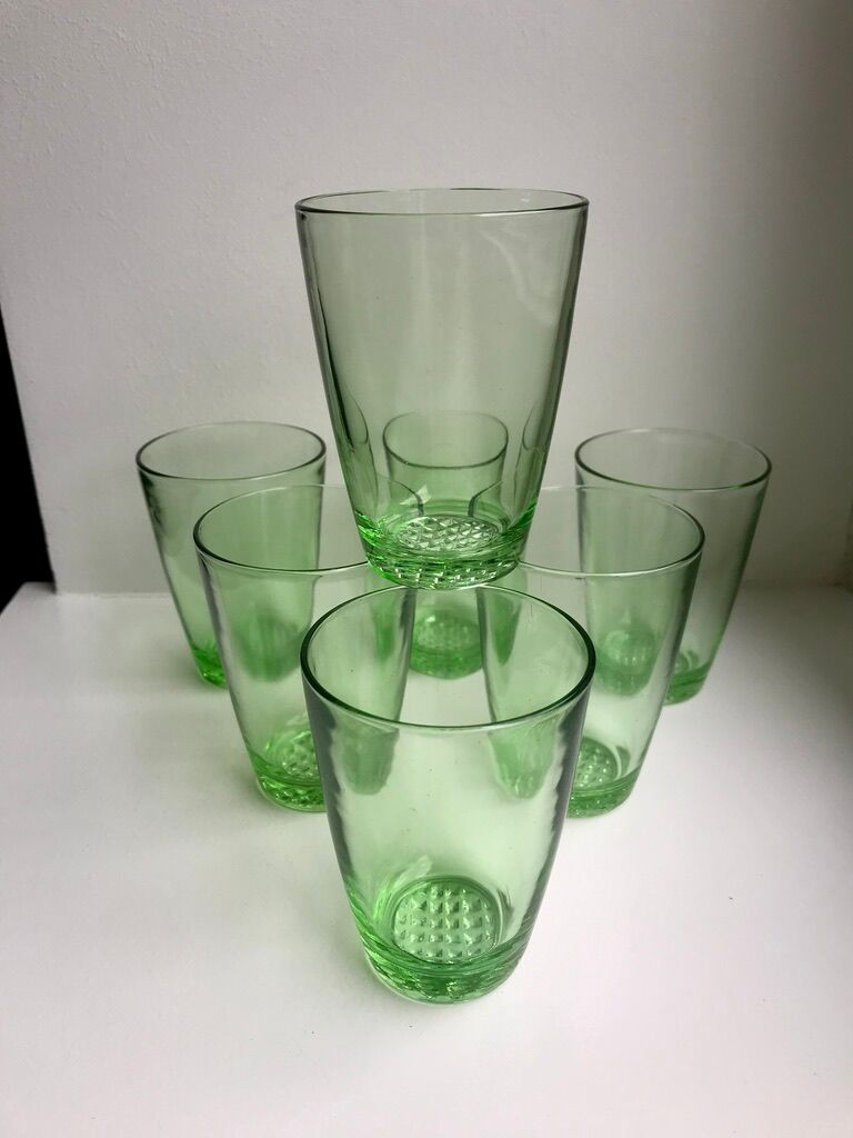 set of 7 water glasses Made in France green glass 70s