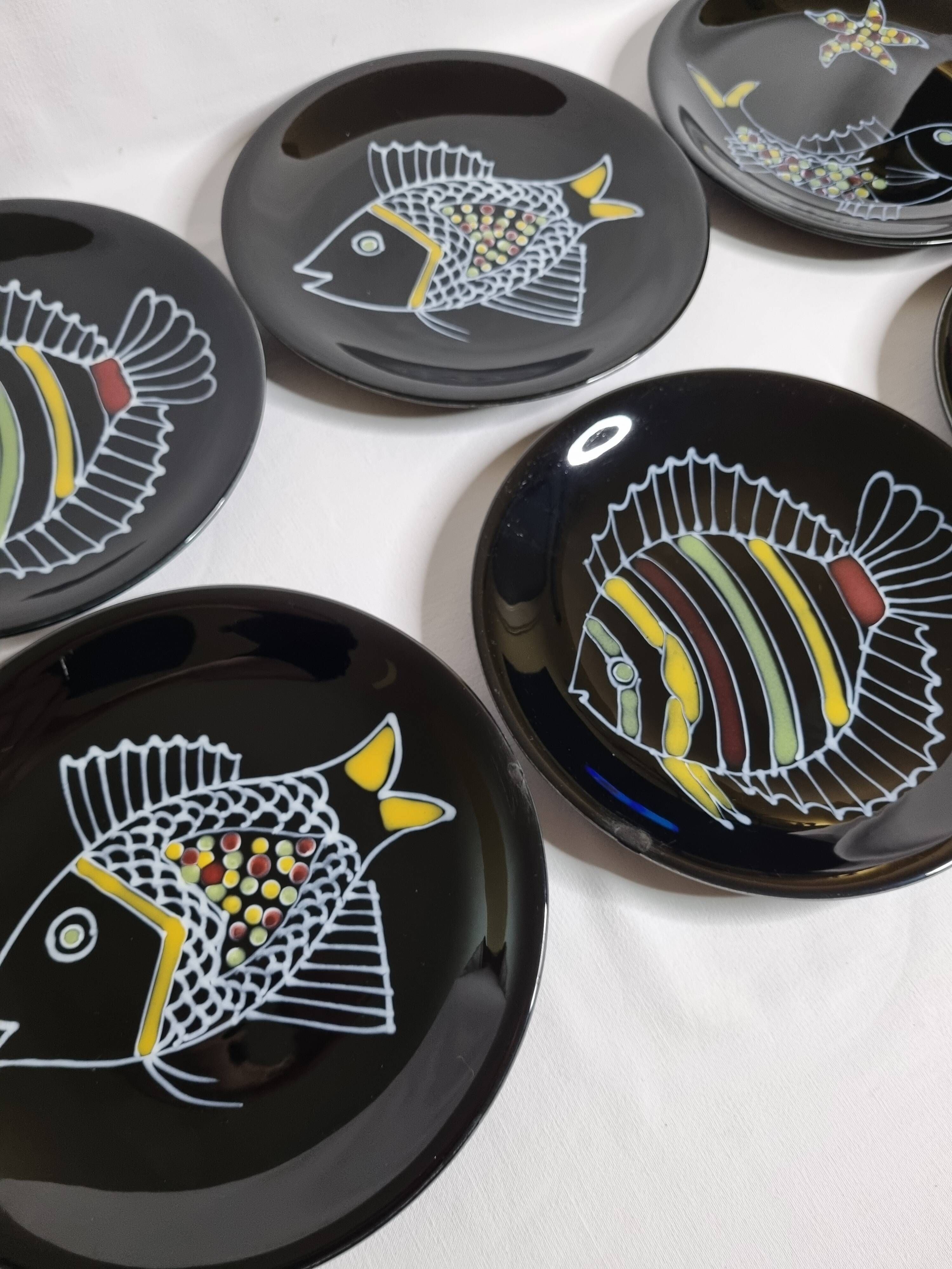 Set of 6 vintage plates with fish decoration after Robert Picault, 1960, 24 cm