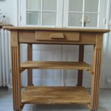 Meuble de métier vintage en chêne sur roulettes, 1 tiroir, 2 tablettes.