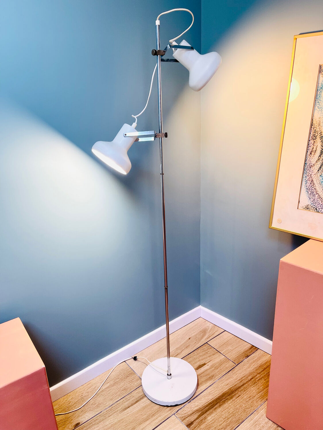 Chrome and white metal floor lamp, circa 1970.