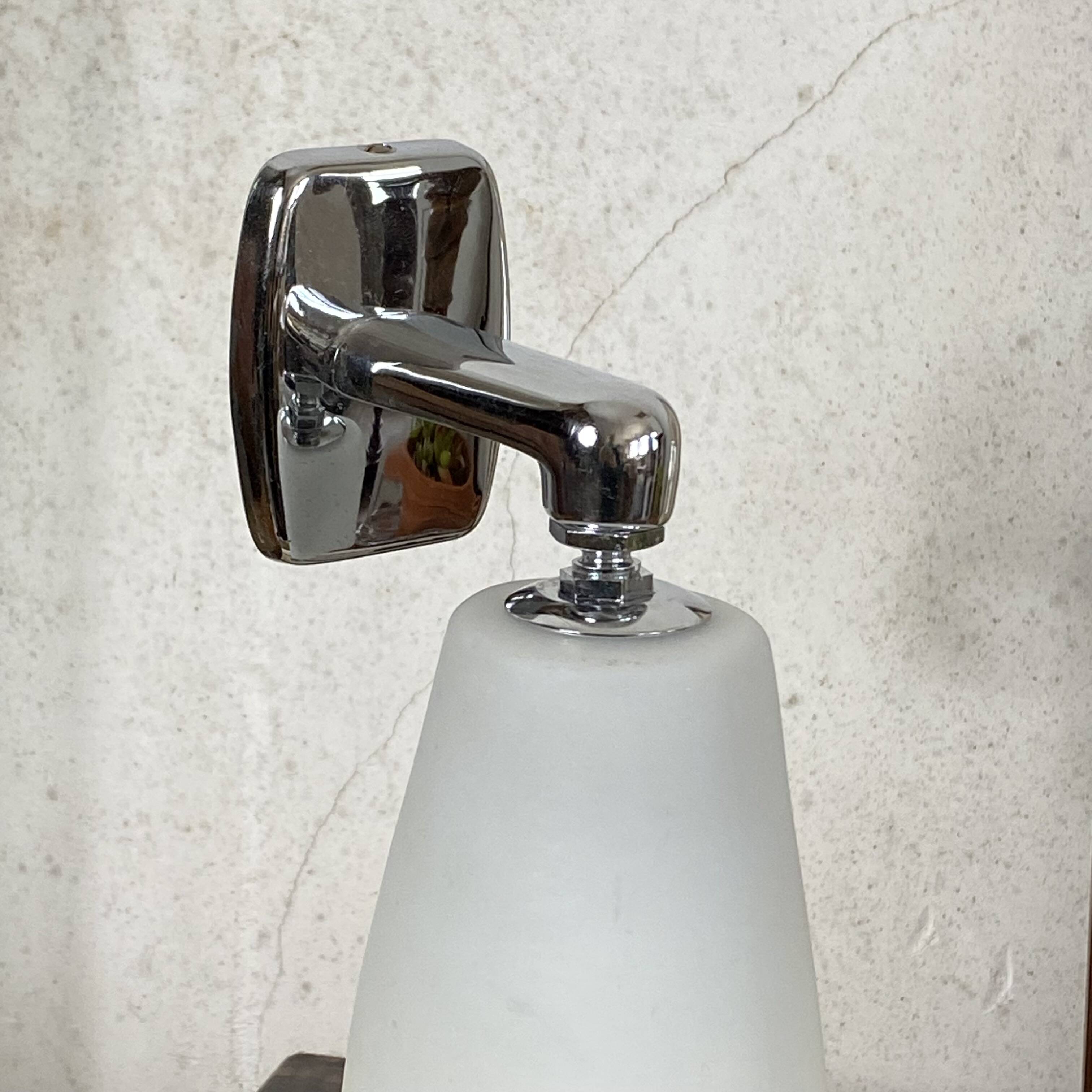 White glass and stainless steel wall light 1970