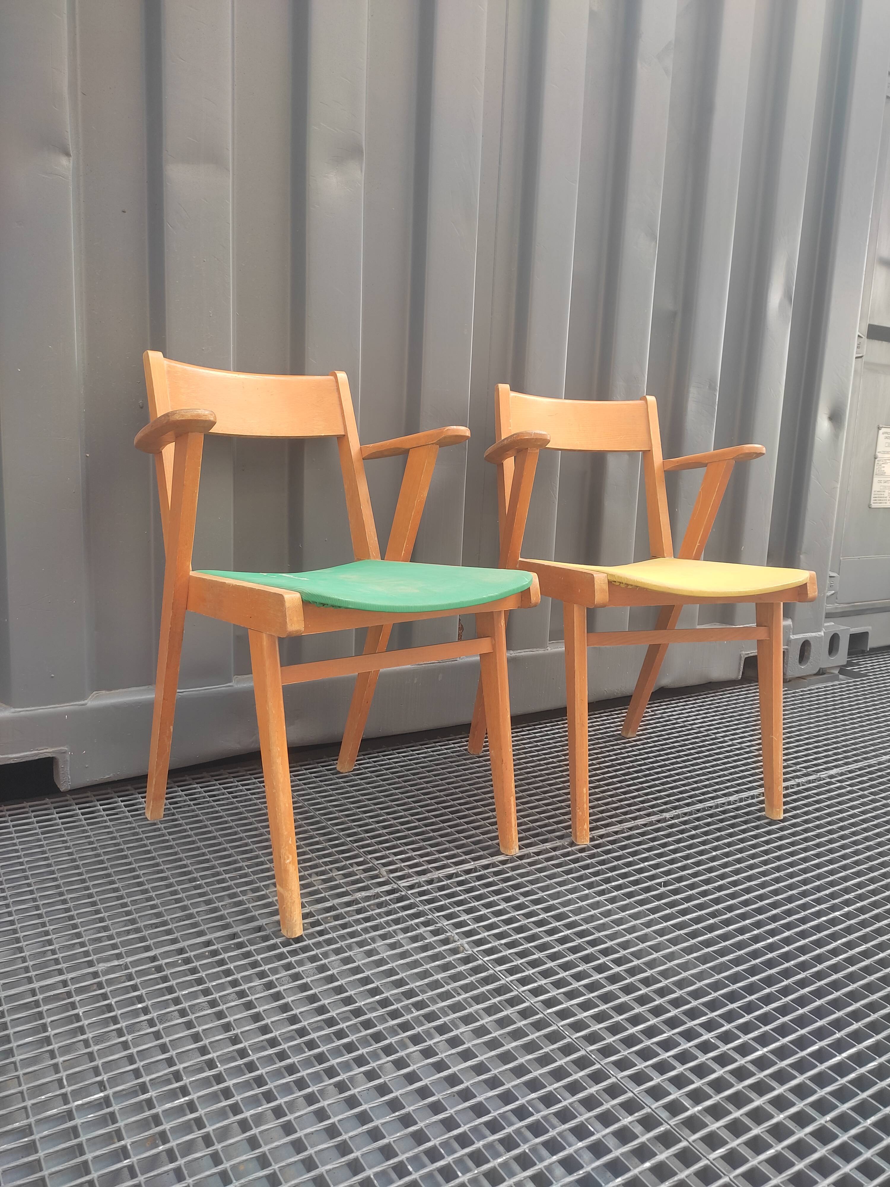 2 armchairs, 2 chairs 50s wooden