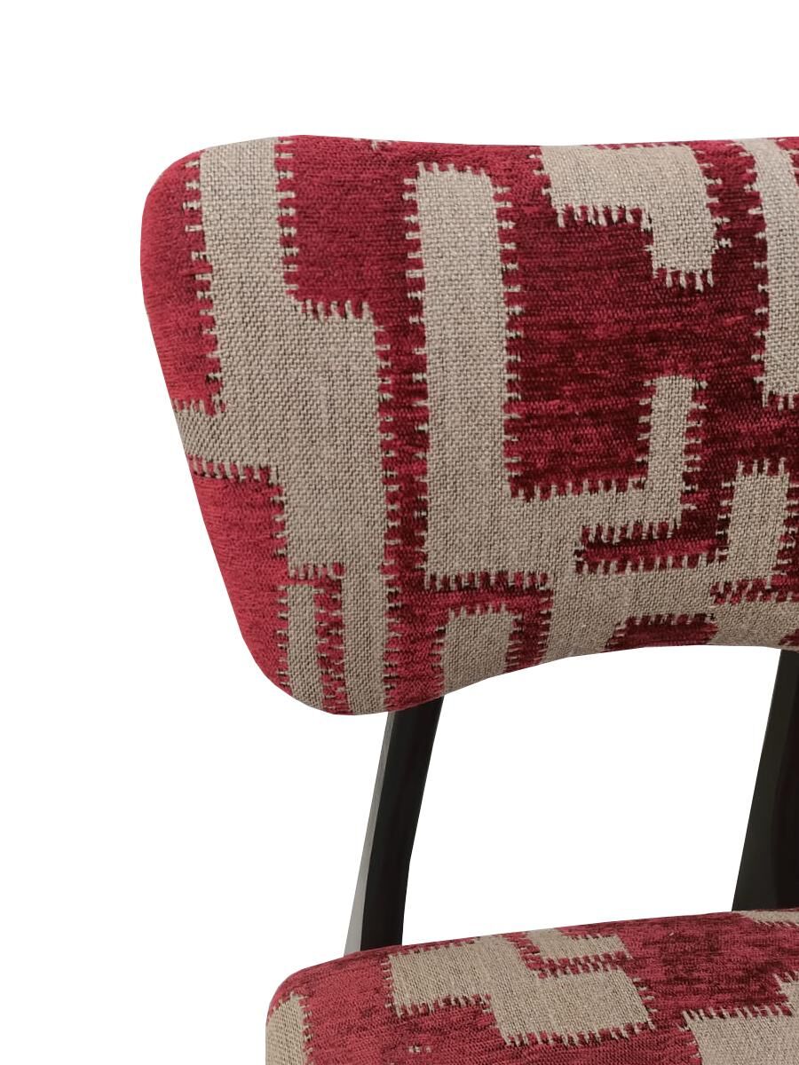 Chaise papillon du milieu du siècle, tissu jacquard rouge beige, bois noir, Europe, années 1960