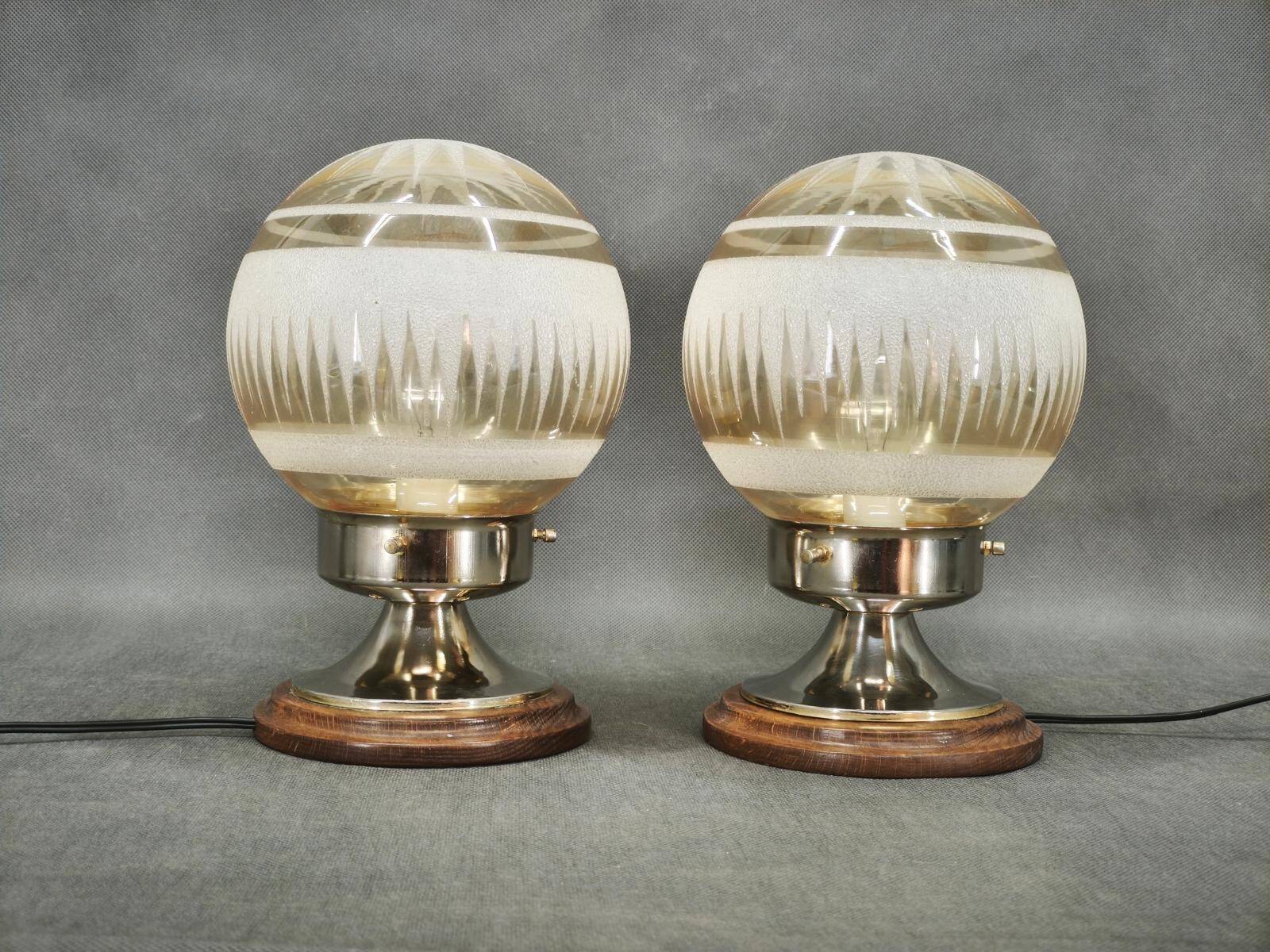 Pair of Italian Etched Glass, Chrome and Wood Table Lamps, 1950s