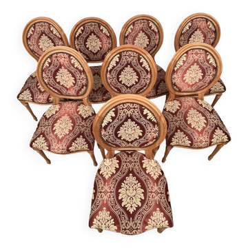 Rare Set of 8 Louis XVI Medallion Chairs – Ruby Damask Fabric